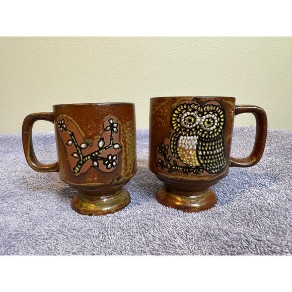 2 vintage 70s cottage core OWL floral mugs coffee cups. CUTE - Picture 2 of 11